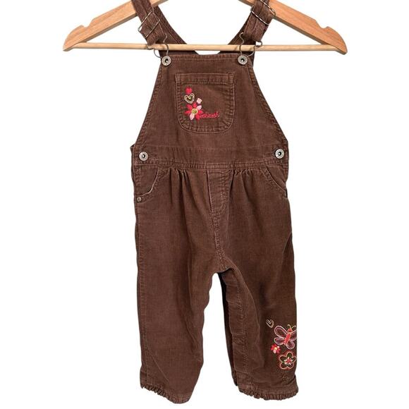 VTG Oshkosh B’Gosh Brown Corduroy Overalls Floral & Butterfly Embroidery 18 mo - Picture 1 of 9